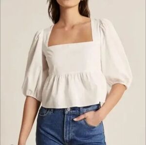 Abercrombie & Fitch Shirt Poplin Puff Sleeve Peplum Square Neck Top White XS